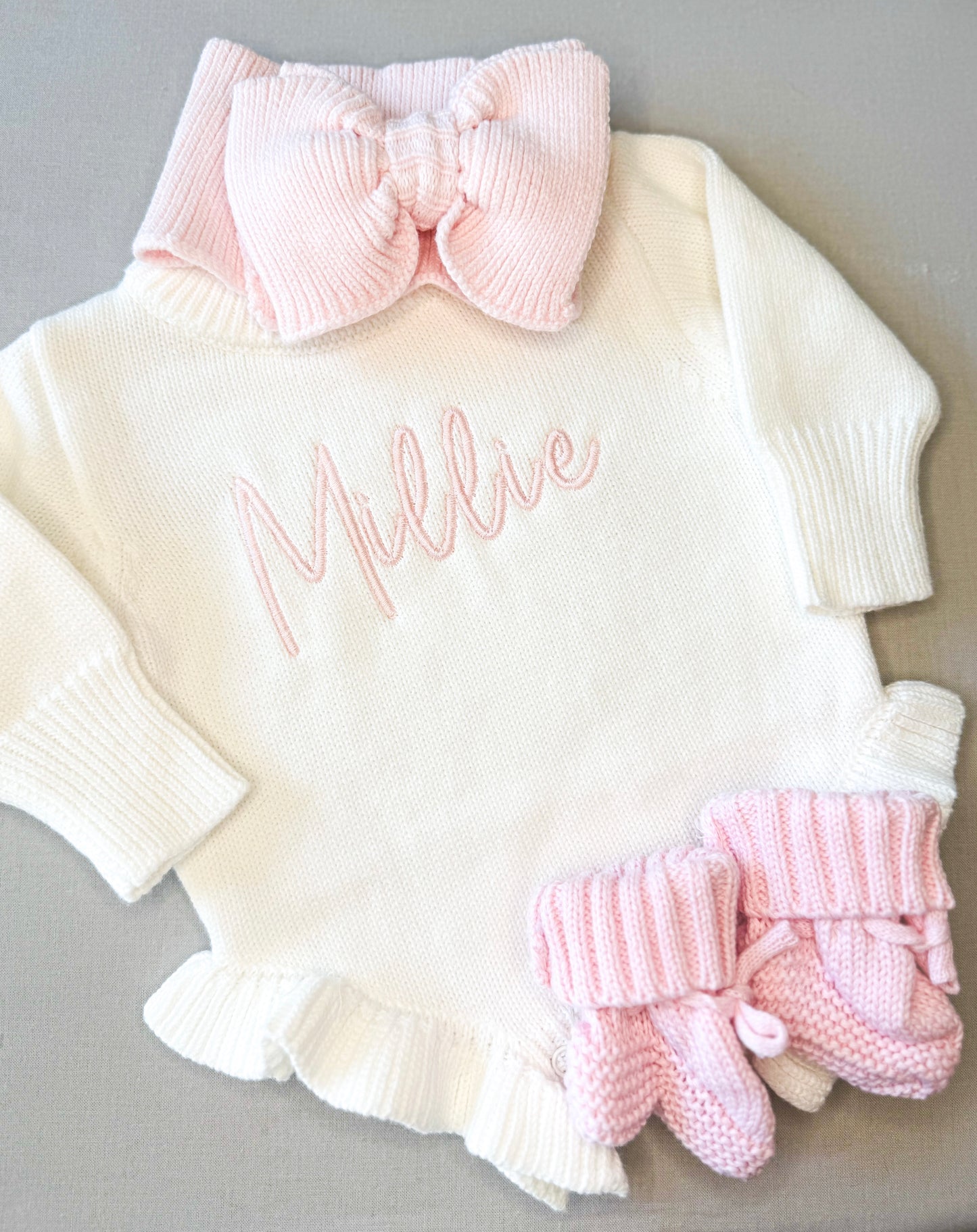 Knit Ruffle Romper | Bow Headband | Booties