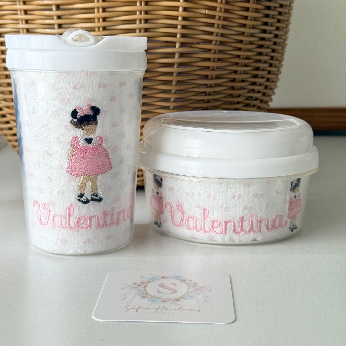 Embroidered straw cup| Pink swiss dot | Girl character straw cup