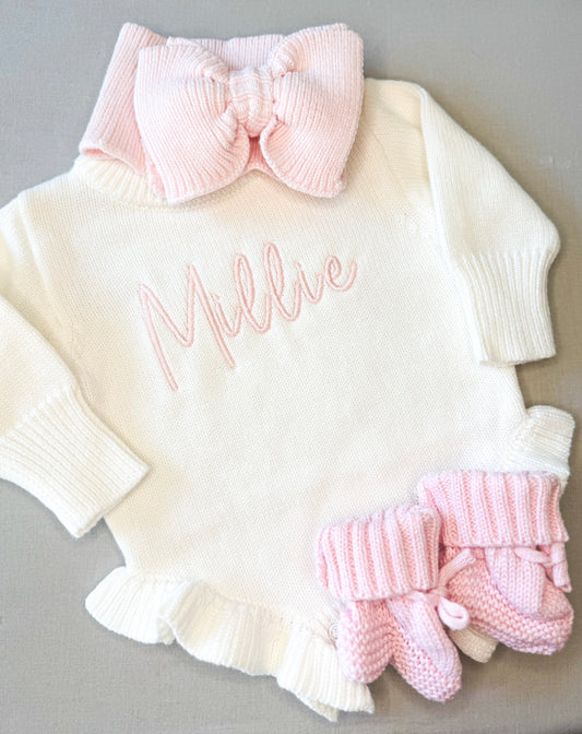 Knit Ruffle Romper | Bow Headband | Booties